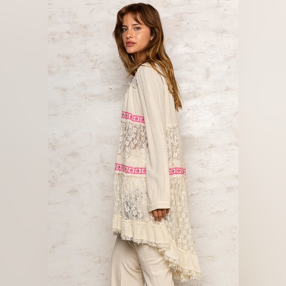LAST ONE POL Cream Pink Lace Cardigan | Playful Ruffle Hem | Relaxed Fit - Picture 3 of 6